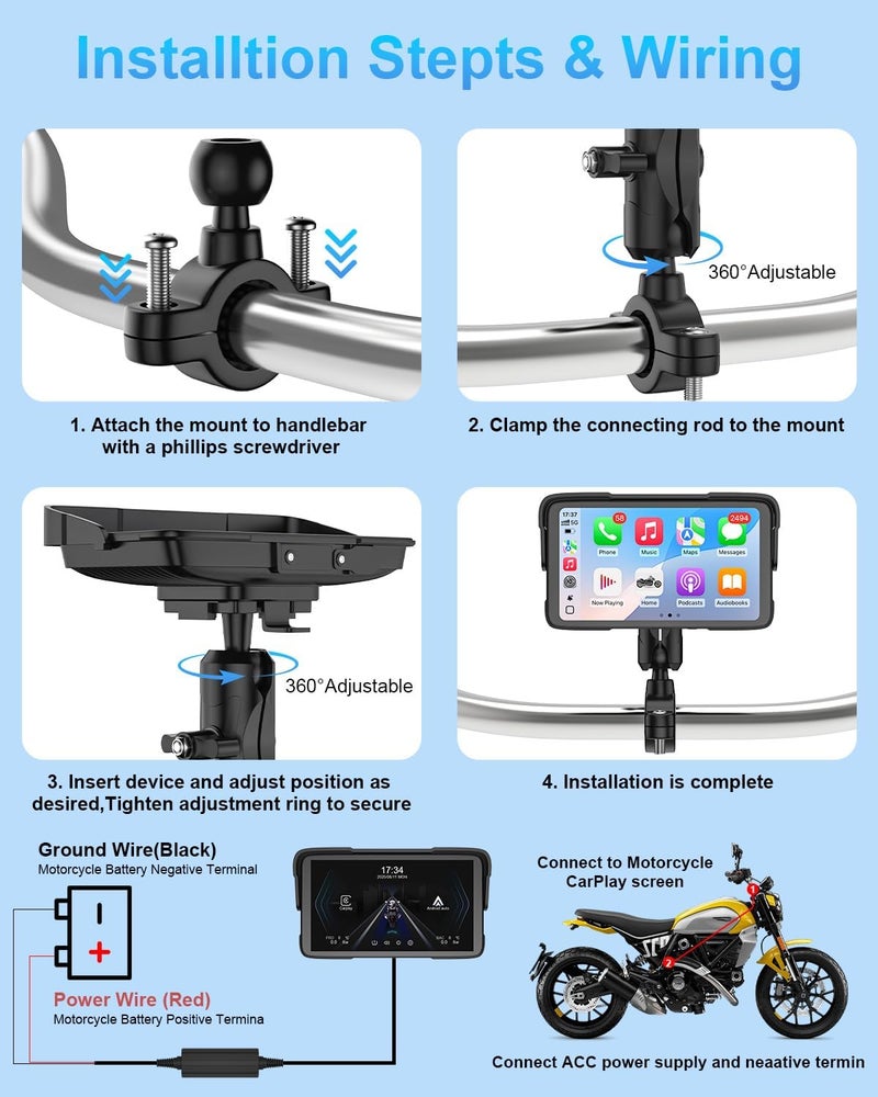 25HOURS Portable Motorcycle CarPlay HD Touch Screen, Motorcycle GPS Navigation System with Apple Carplay and Android Auto, IP67 Waterproof, Support Tire Pressure settings, Bluetooth, Voice Control, Navigation - Image 5